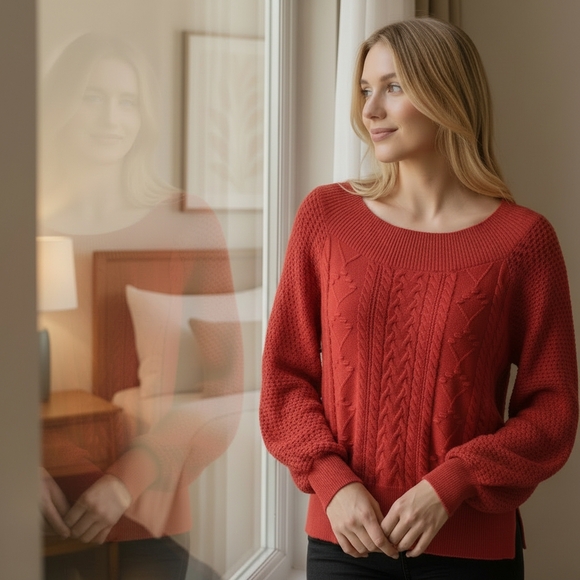 💙Willow & Root Red Cable-knit Sweater With Crochet Trim Size XL EUC - Picture 9 of 9